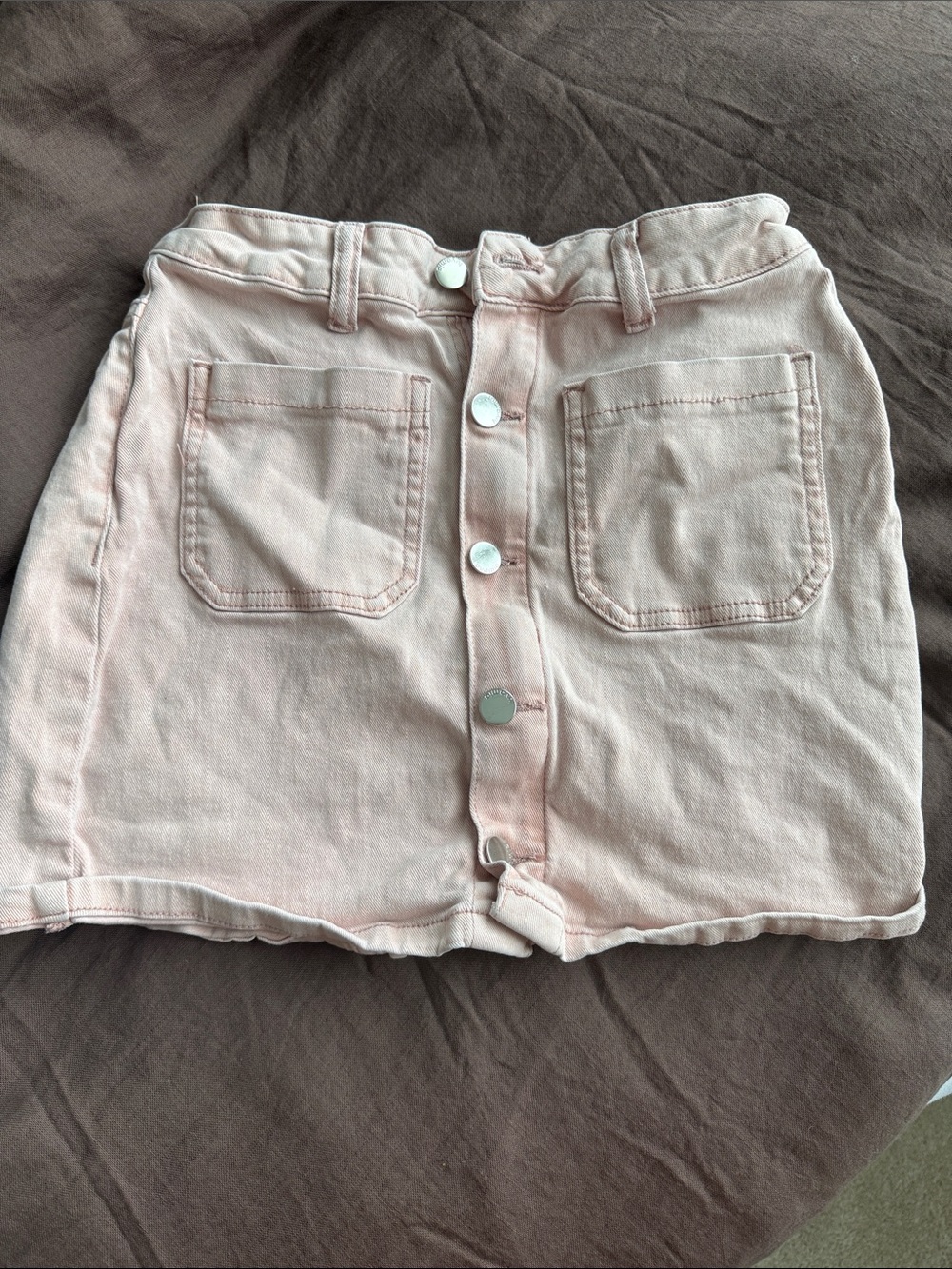 Button-Front Pink Denim Mini Skirt